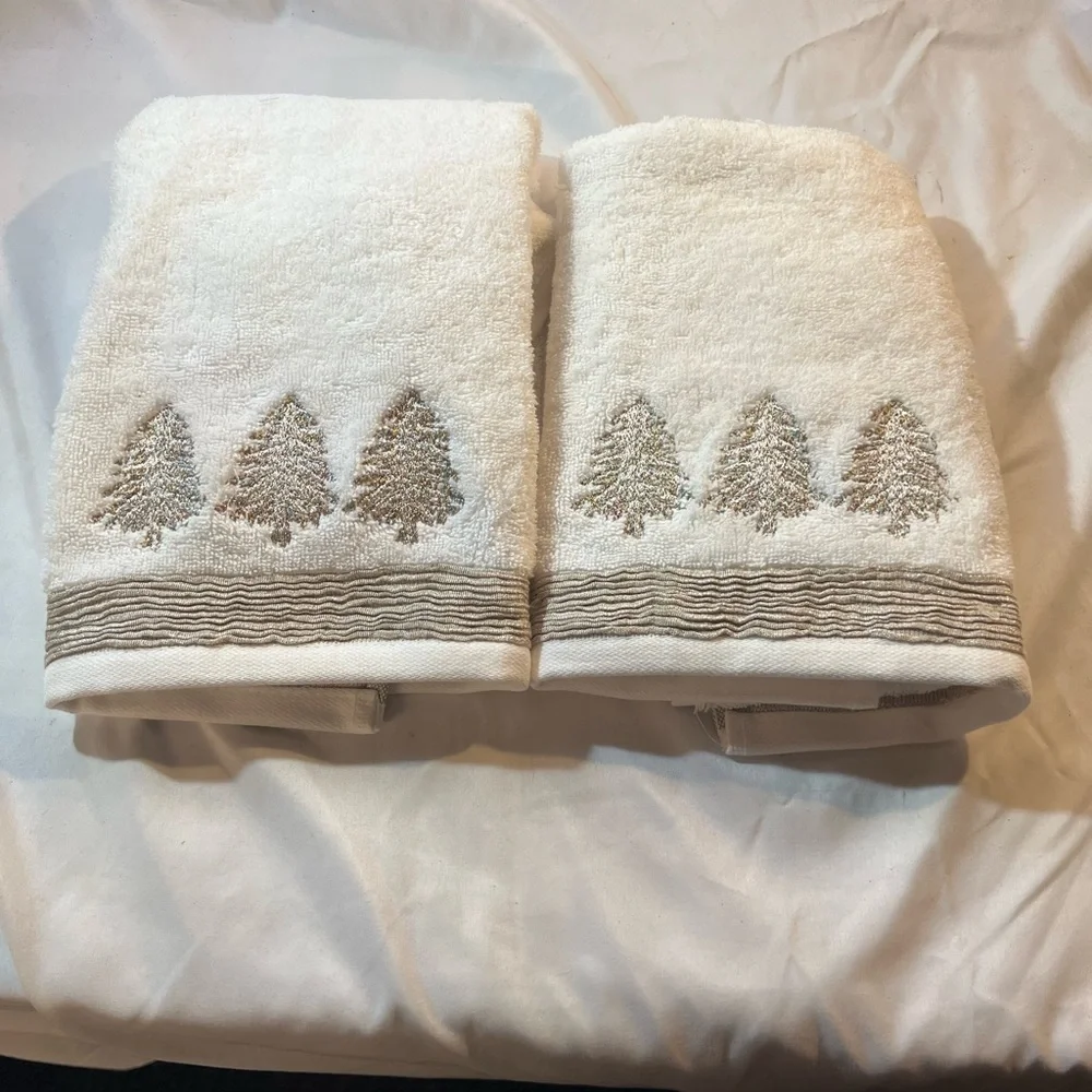 Elegant White and Tan Tree Embroidered Towels